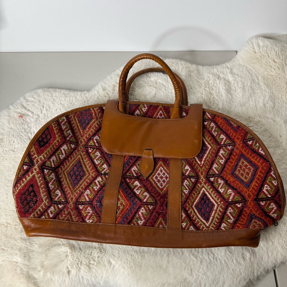 Vintage Handmade Turkish Kilim and Leather Weekender Bag Brown Red Patterned Bag